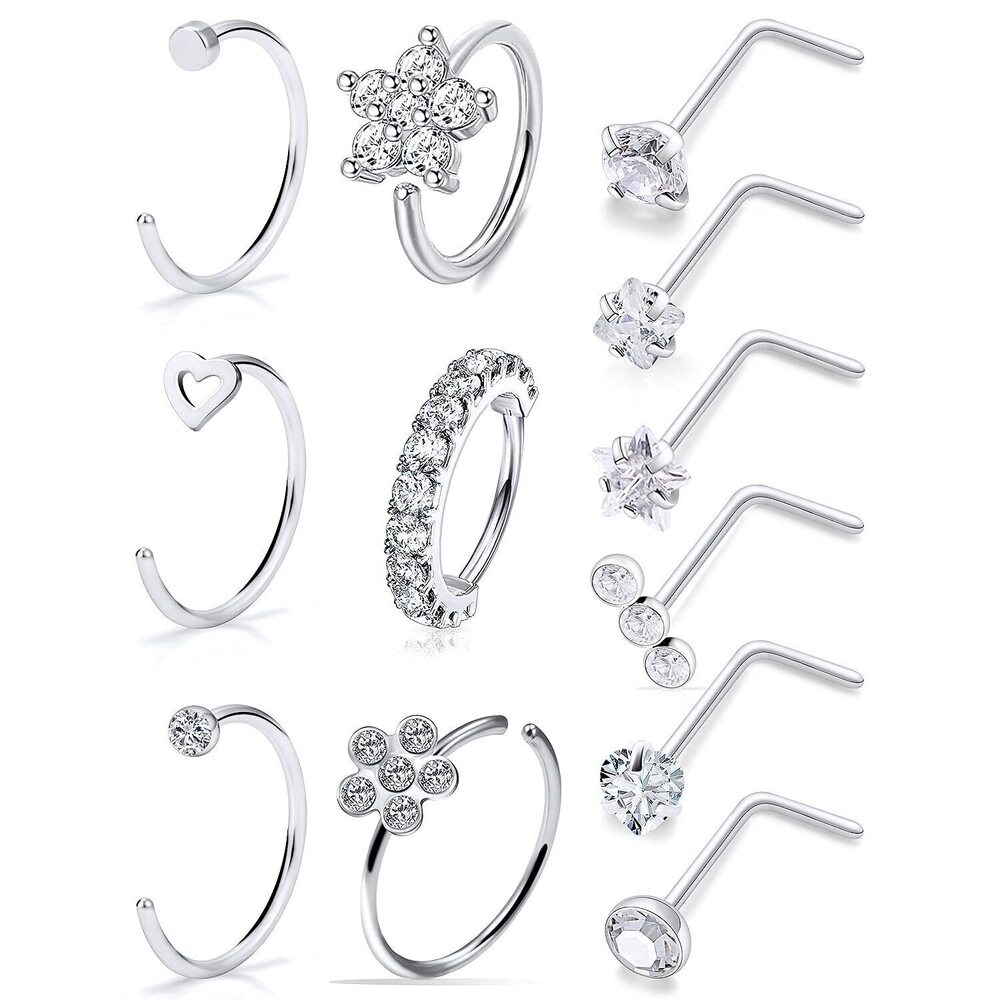 20G Surgical Steel Nose Rings Hoop for Women Men, Paved CZ Flower